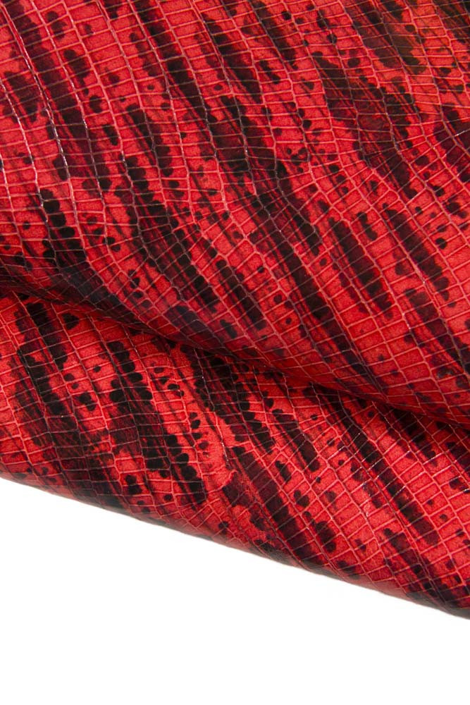 CROCODILE textured LEATHER hide, red and black glossy croc printed calfskin, alligator pattern on soft cowhide