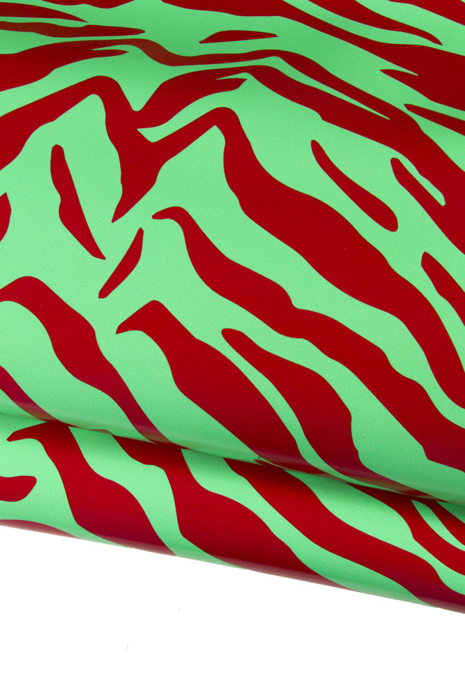 Green red ZEBRA printed LEATHER hide, animal texture on smooth cowhide, glossy calfskin, 1.4 - 1.5 mm