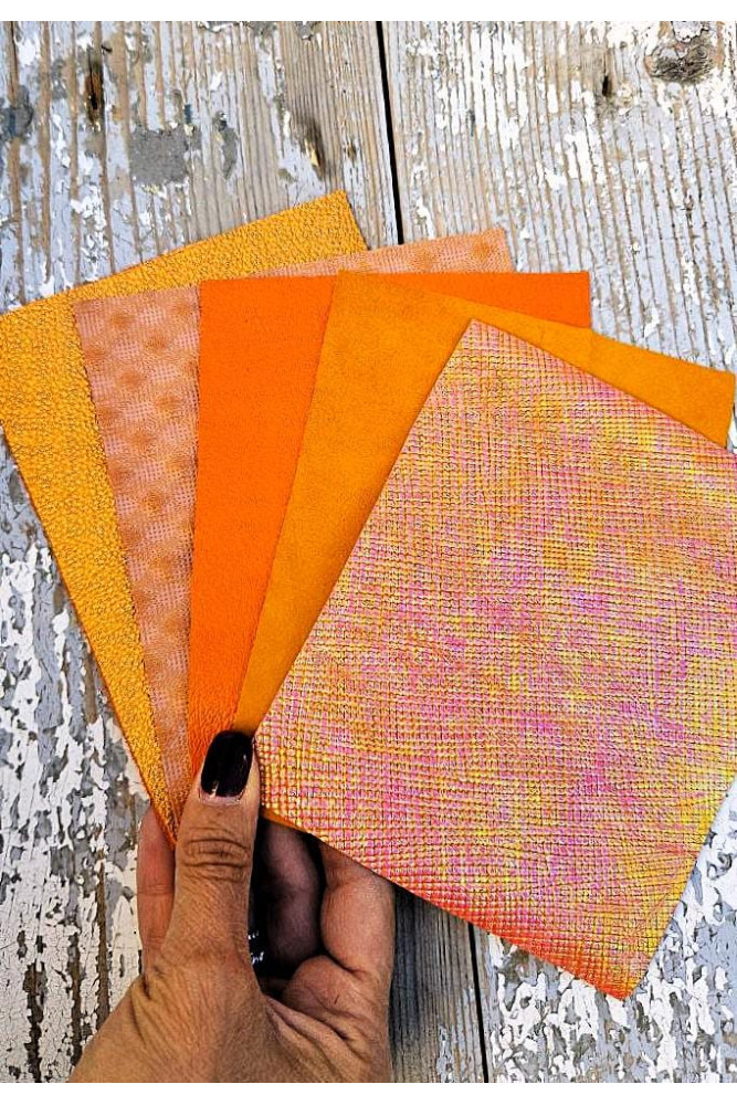 5 Selected leather scraps, ORANGE tones, printed and metalic printed,mix selection leather pieces as per pictures