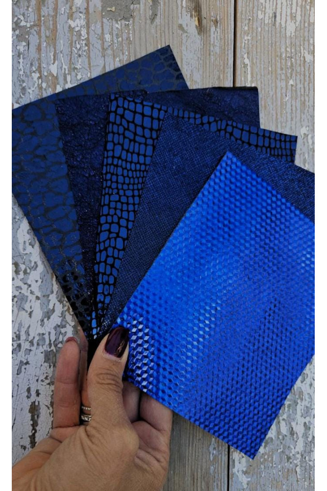 5 Ritagli di pellami unici selezionati, color BLU, stampe varie, laminate e non, pezzi mix di fantasie come da foto