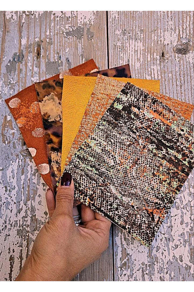 5 Selected leather scraps, ORANGE and BROWN tones, printed and metalic printed,mix selection leather pieces as per pictures