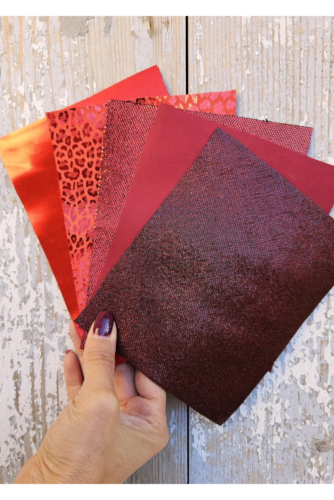 5 Selected leather scraps, RED tones, printed and metalic printed,mix selection leather pieces as per pictures