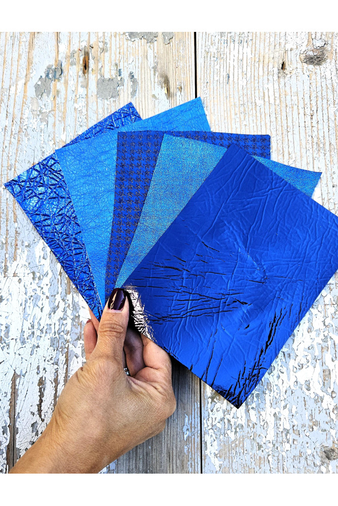 5 Selected leather scraps, BLUE tones, printed and metalic printed,mix selection leather pieces as per pictures