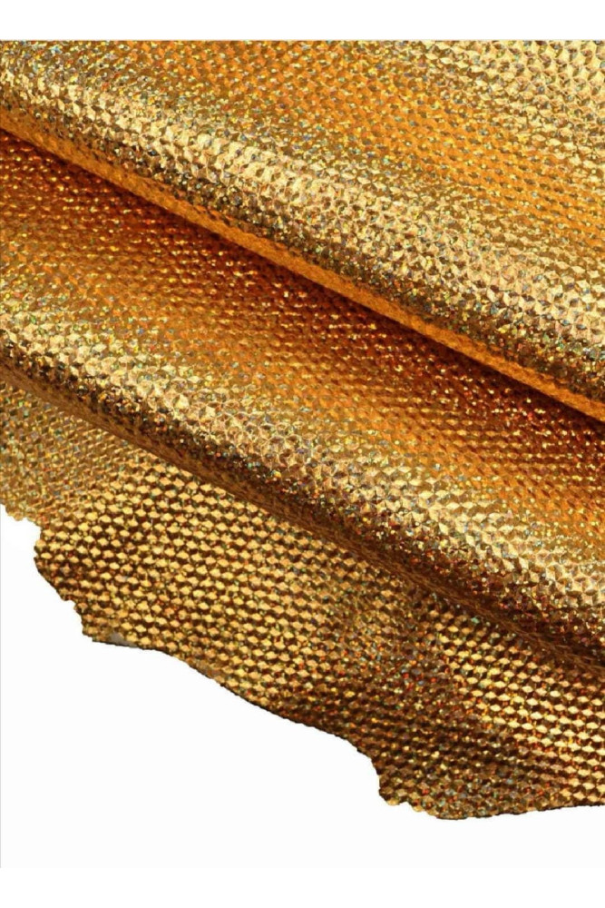 Gold GLITTERED leather hide, iridescent metallic geometric embossed cowhide, bright printed calfskin B17058-MT(ST)