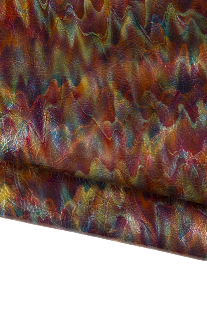 MULTICOLOR LEATHER skin, wave printed wrinkled patent skin, colorful glossy naplack effect hide