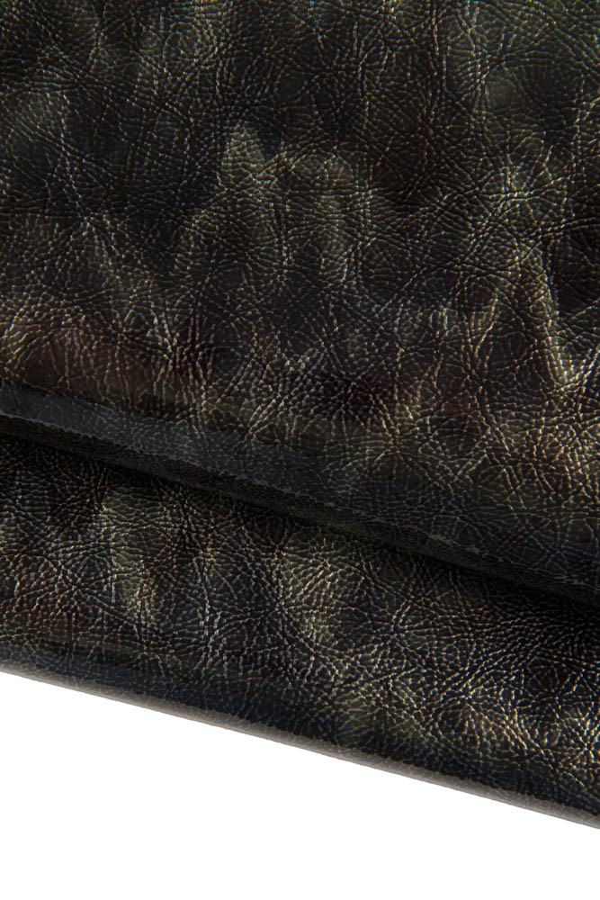 Black grey WAVE PRINTED leather skin, naplack effect patent goatskin, glossy soft wrinkled hide