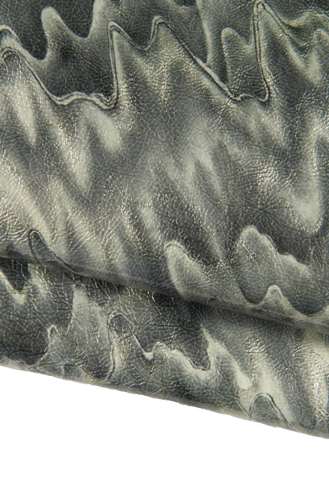 GREY WAVE printed leather skin, wrinkled patent goatskin, soft naplack hide, 0.9 -1.0 mm