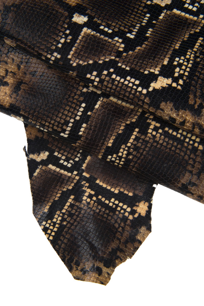 Brown PYTHON textured leather hide, reptile printed goatskin, glossy soft hide