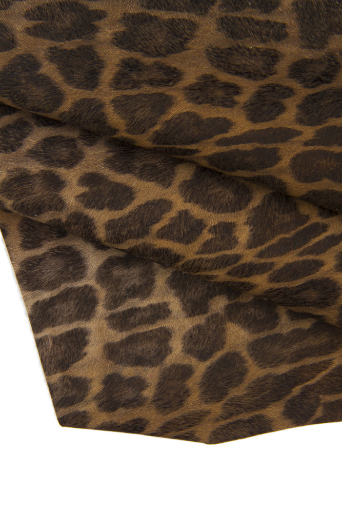 Beige black LEOAPRD printed leather hide, animal print on calfskin, soft matt textured cowhide