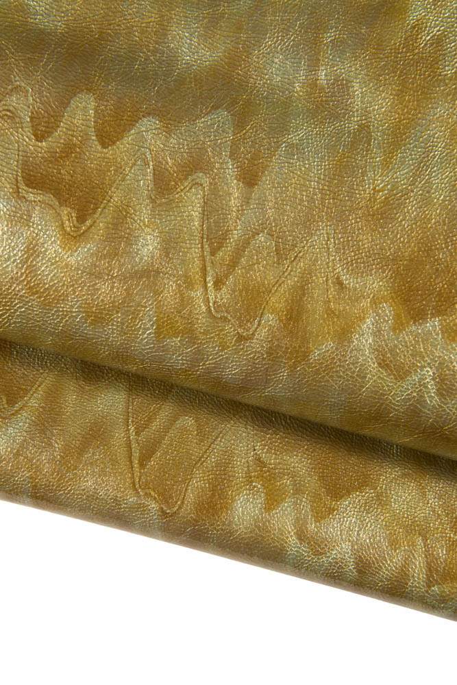 Beige GOLD LEATHER skin, naplack wave - like printed patent goatskin, golden glossy wrinkled skin