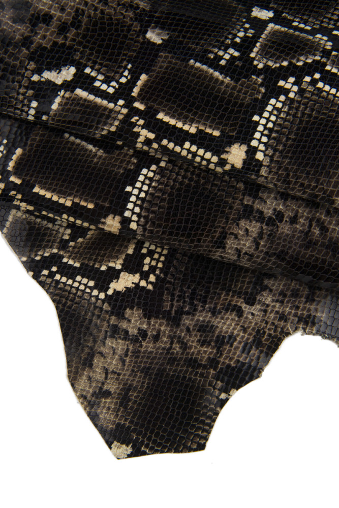 Black white PYTHON textured leather skin, glossy reptile printed goatskin, snake print on hide