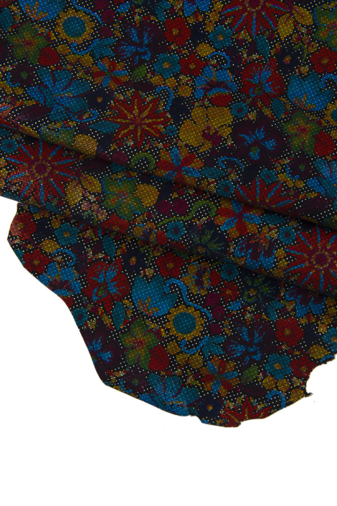 Multicolor FLORAL printed leather skin, flower pattern on suede goatskin, colorful glossy soft hide