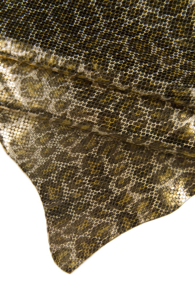 Platinum gold ANIMAL textured leather hide, leopard pattern on python printed cowhide, metallic soft calfskin