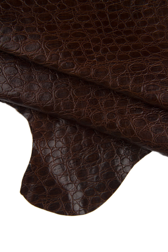 Brown CROCODILE embossed cowhide, glossy croc printed leather hide, classic textured calfskin