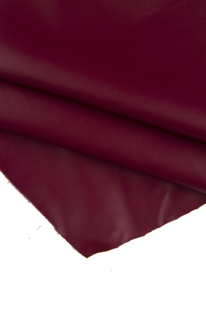 BURGUNDY sporty leather hide, solid color smooth cowhide, rubbery semi glossy calfskin, 1.0 - 1.2 mm