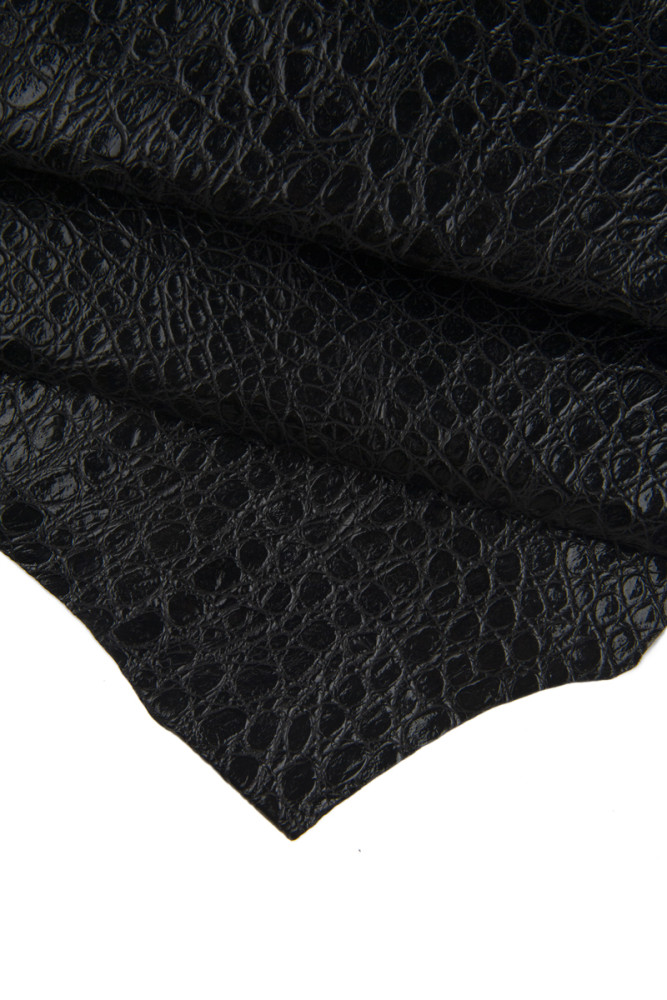 Black CROCODILE embossed leather hide, glossy croc printed cowhide, black stiff calfskin 0.7 - 0.8 mm