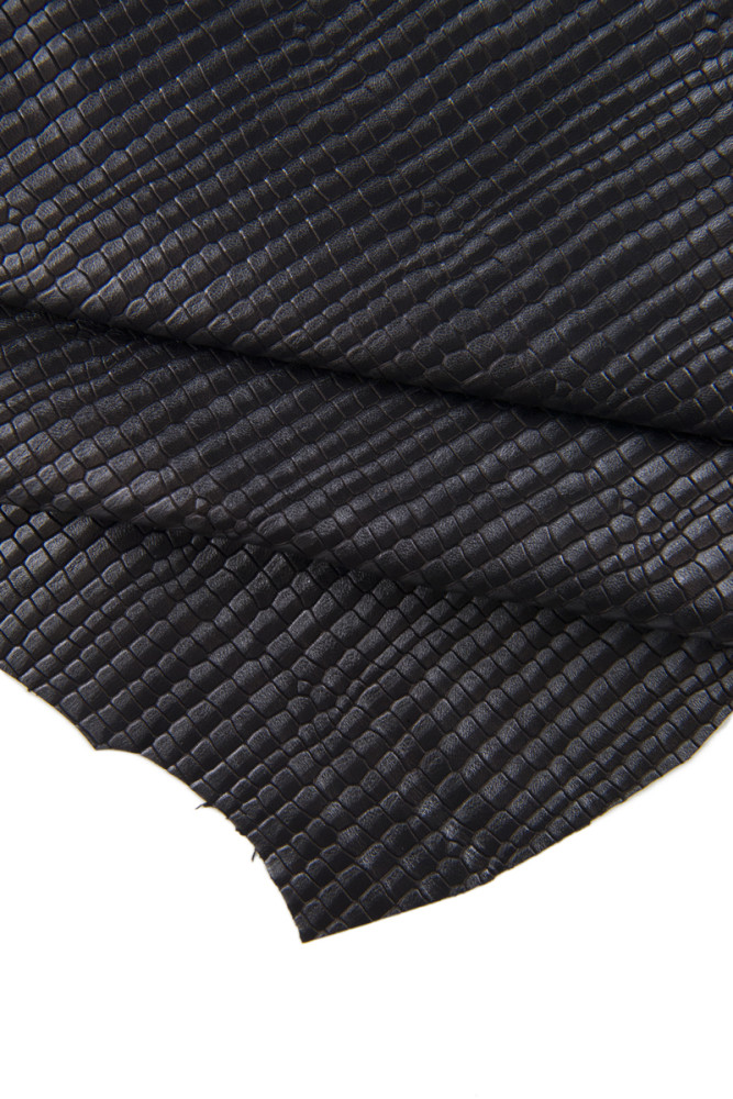 Black steelmetal CROCODILE embossed leather skin, croc printed metallic goatskin, bright soft hide