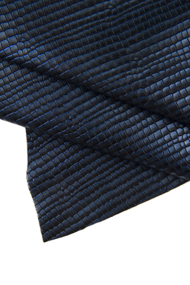 Black blue CROCODILE embossed leather skin, croc printed metallic goatskin, soft metallic hide 0.9 - 1.0 mm