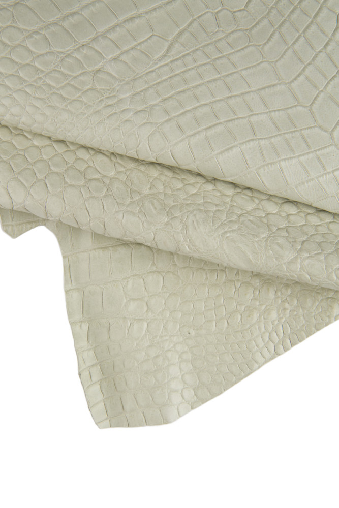 Light gray beige crocodile EMBOSSED leather hide, semi glossy croc printed calfskin, classic quite soft cowhide