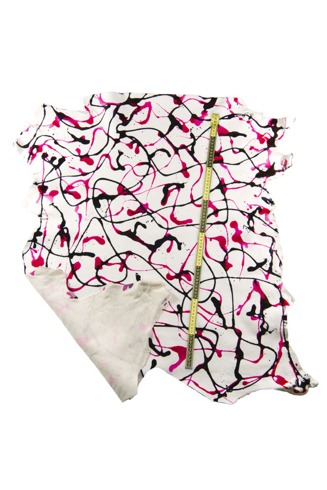 FUCHSIA SKETCH painted leather skin, white goatskin pink black texture, handcrafted pollock printed skin