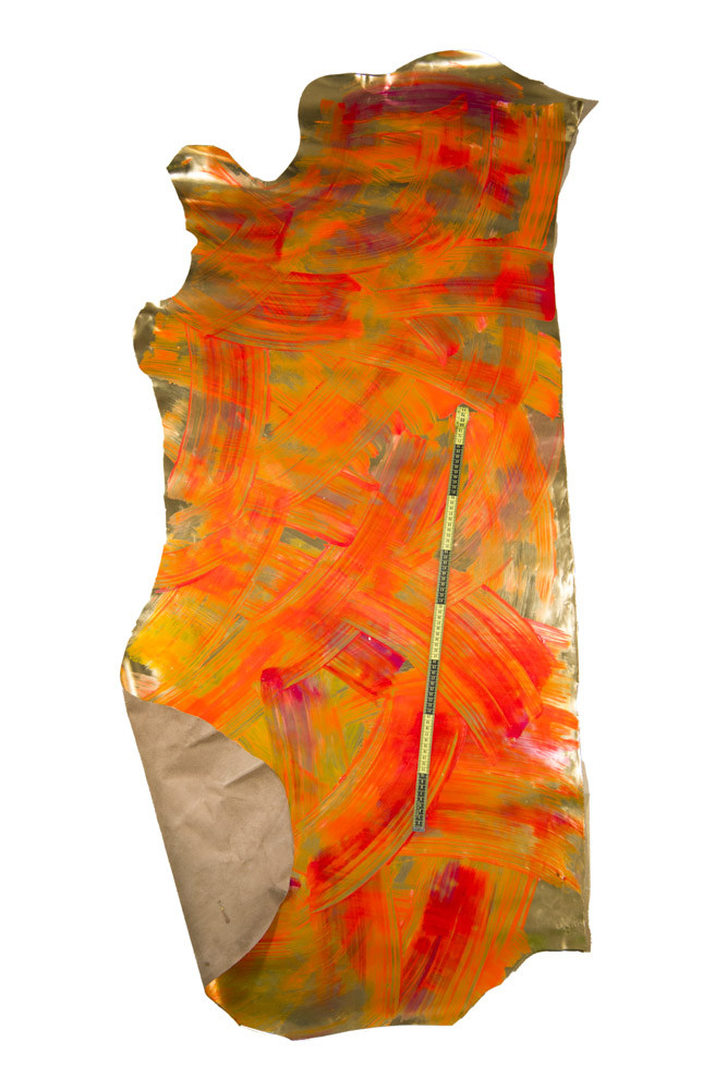 One of a kind GOLD ORANGE hand painted leather hide, mirror metallic calfskin with hand painted brushstroke print