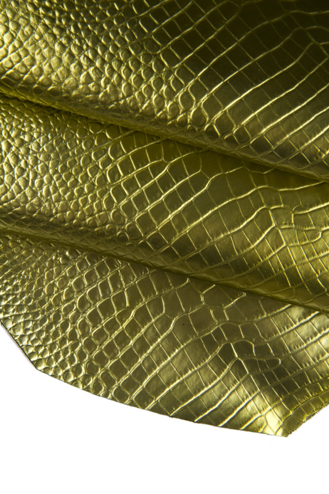 Gold CROCODILE embossed leather hide, metallic croc printed cowhide, glossy calfskin 1.0 - 1.2 mm