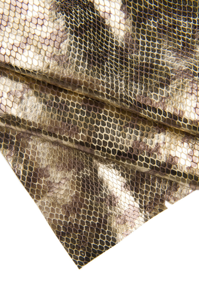 Light GOLD metalli cleather hide, reptile printed cowhide with camo texture, mimetic print on soft calfskin