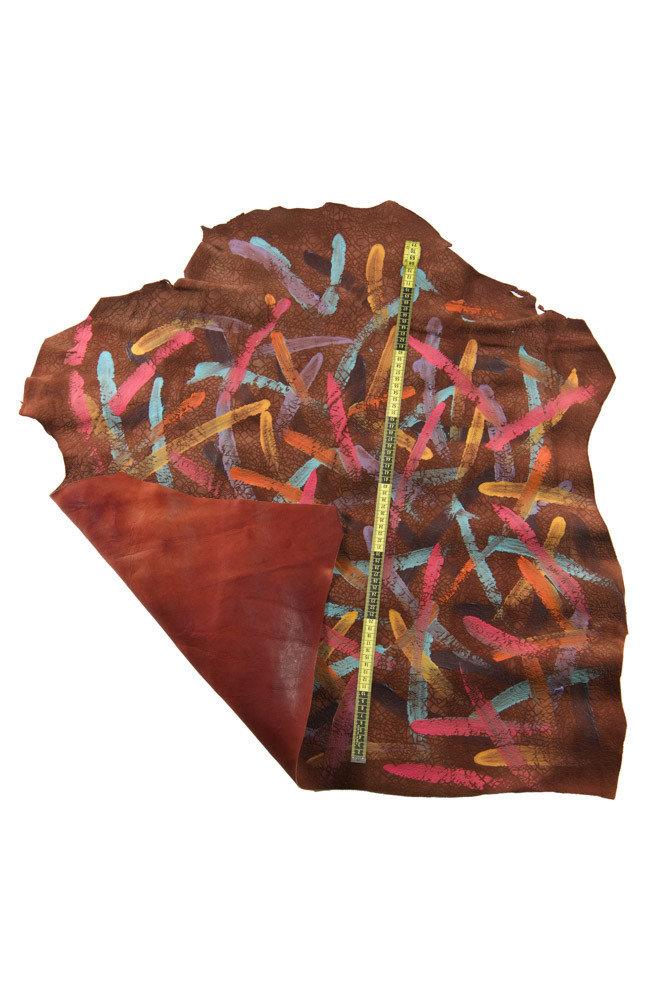 MULTICOLOR unique LEATHER skin, innovative colorful hand painted pattern on brown sporty goatskin, perfect for diy projects