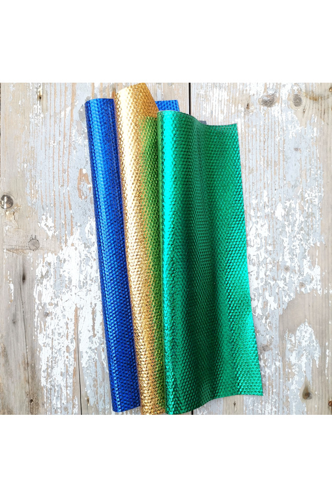 3 selected leather scraps, gold, green, blue GLITTER iridescent METALLIC 3 bright tones as per pictures, in different sizes