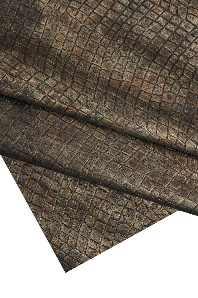 Bronze crocodile EMBOSSED leather hide, metallic croc printed calfskin, soft wrinkled cowhide 0.7 - 0.9 mm