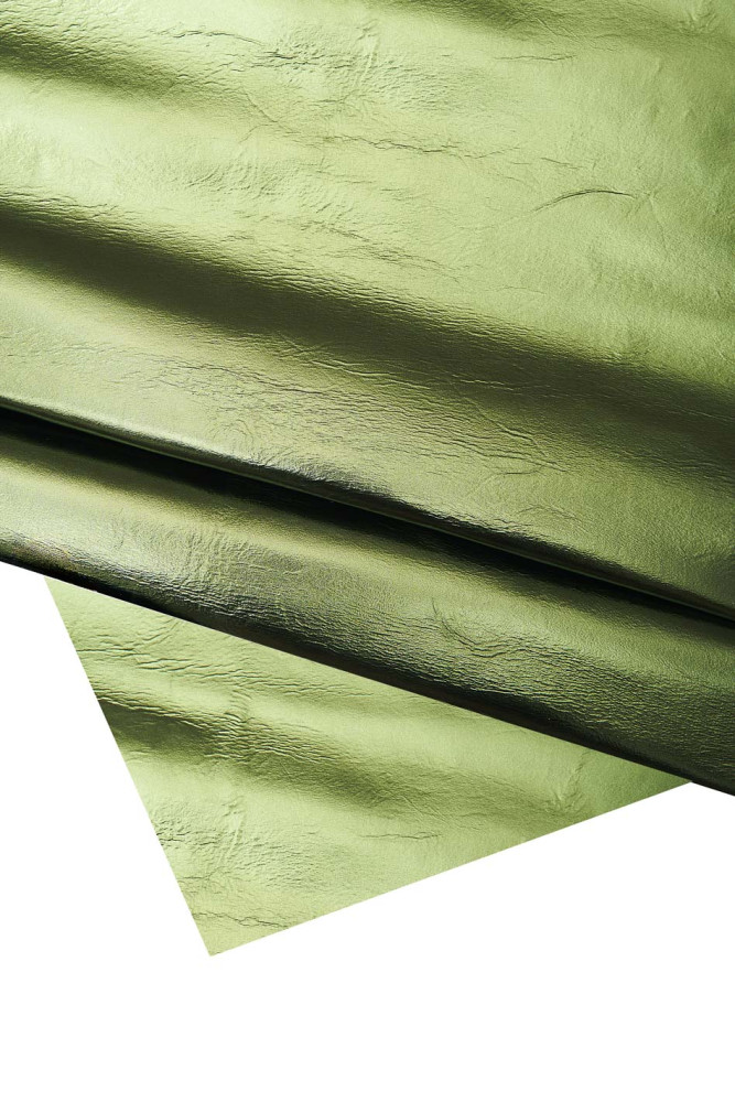 Dark green METALLIC leather skin, smooth lambskin with light wrinkles, glossy sheepskin, quite soft