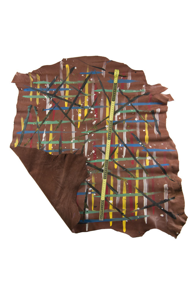 UNIQUE MULTICOLOR leather skin, vibrant colorful design on brown sporty goatskin, original hand-painted soft hide