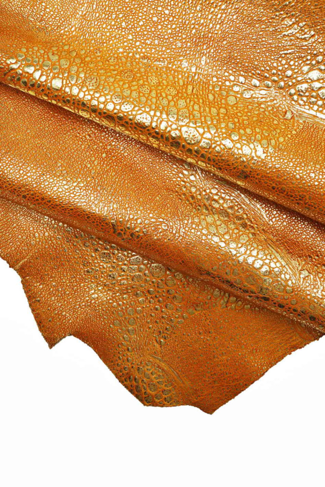 Orange REPTILE leather hide, alligator printed metallic cowhide, soft sparkle crocodile calfskin