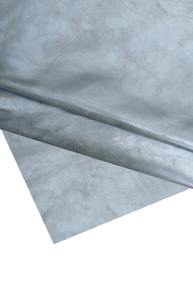 Greyish light blue METALLIC leather hide, STROKE print on bright cowhide, glossy soft suede calfskin