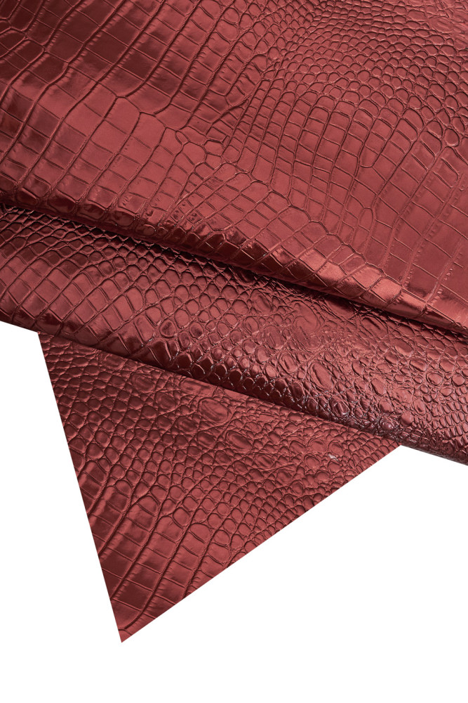 Dark red CROCODILE embossed calfskin, burgundy metallic leather hide, croc printed cowhide, 0.9 - 1.1 mm