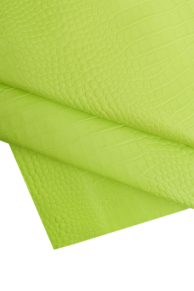 FLUO yellow crocodile embossed cowhide, glossy soft croc printed clfskin, neon yellow leather hide 0.9 - 1.0 mm