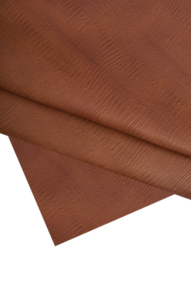 Tan LIZARD printed leather hide, brown tehus embossed cowhide, semi glossy slightly stiff calfskin