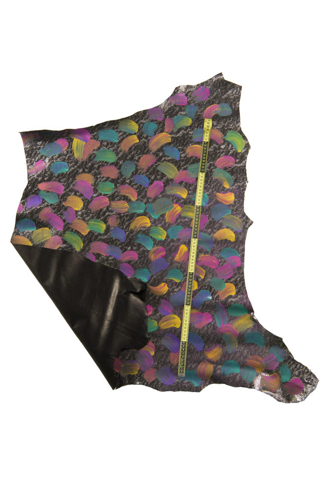 Unique MULTICOLOR LEATHER skin, colorful hand painted pattern on steel metallic goatskin, soft decorated hide for crafters