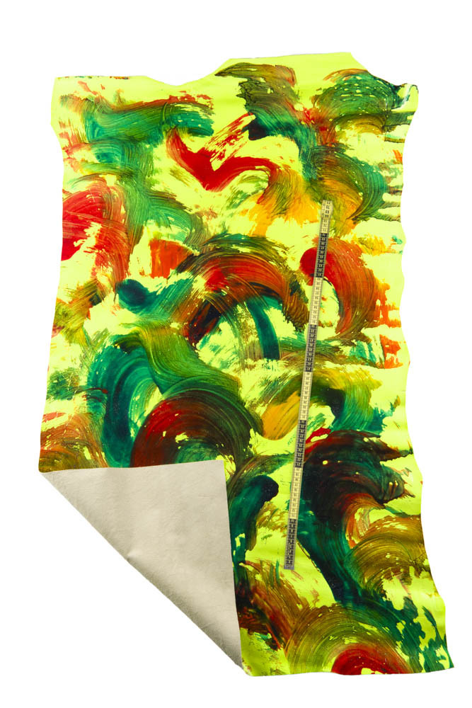 Peculiar NEON YELLOW leather hide, hand - painted calfskin with green and red brushstroke print, unique soft cowhide