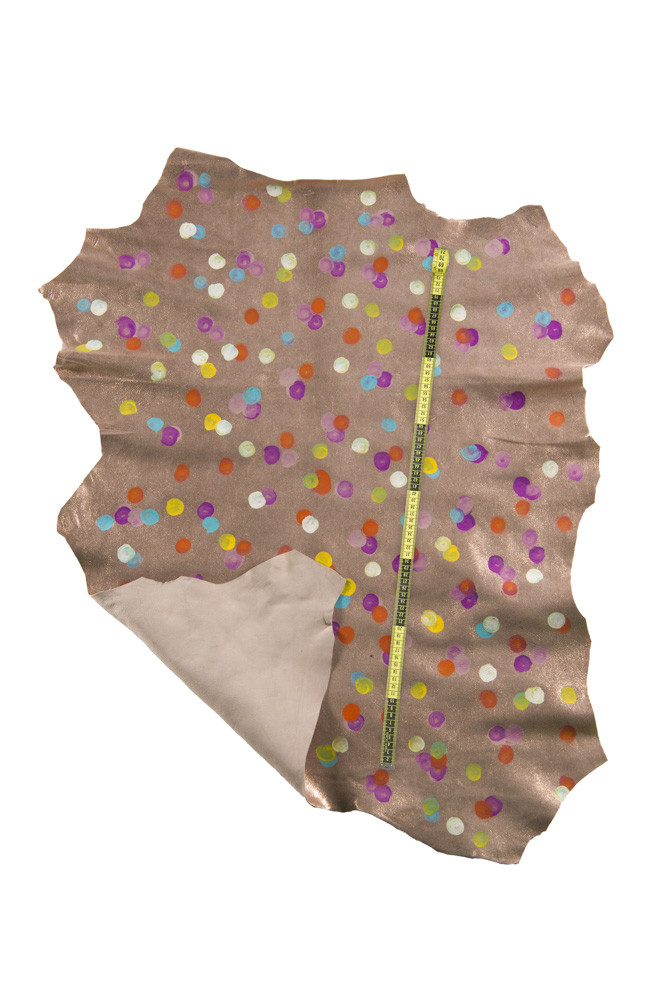 Multicolor POLKA - DOT printed leather skin, pink metallic goatskin with colorful hand painted pattern