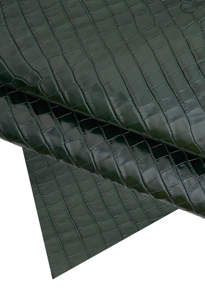 Dark GREEN crocodile embossed leather hide, croc printed glossy stiff calfskin, bottle green cowhide