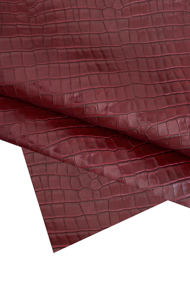 Burgundy CROCODILE embossed leather hide, glossy croc printed calfskin, soft skin 0.7 - 0.9 mm