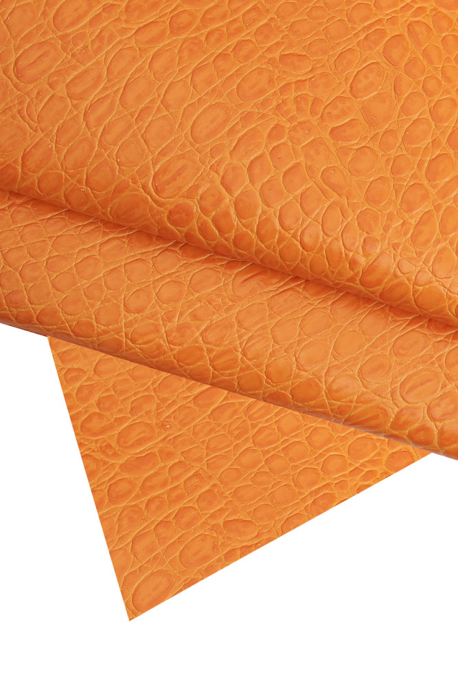 ORANGE crocodile embossed leather hide, croc printed glossy calfskin, orange classic cowhide 1.1 - 1.2 mm