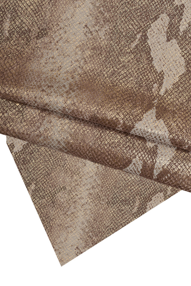 Brown white gold metallic PYTHON textured leather skin, snake printed soft goatskin, reptile pattern on bright hide