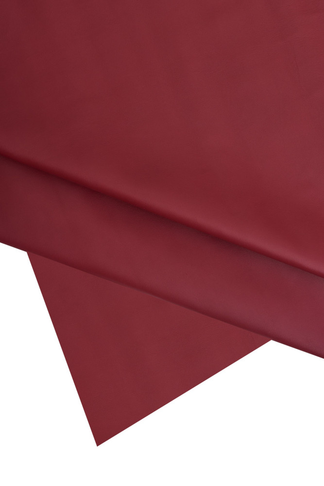 Dark RED soft leather hide, glossy nappa calfskin, solid color smooth cowhide