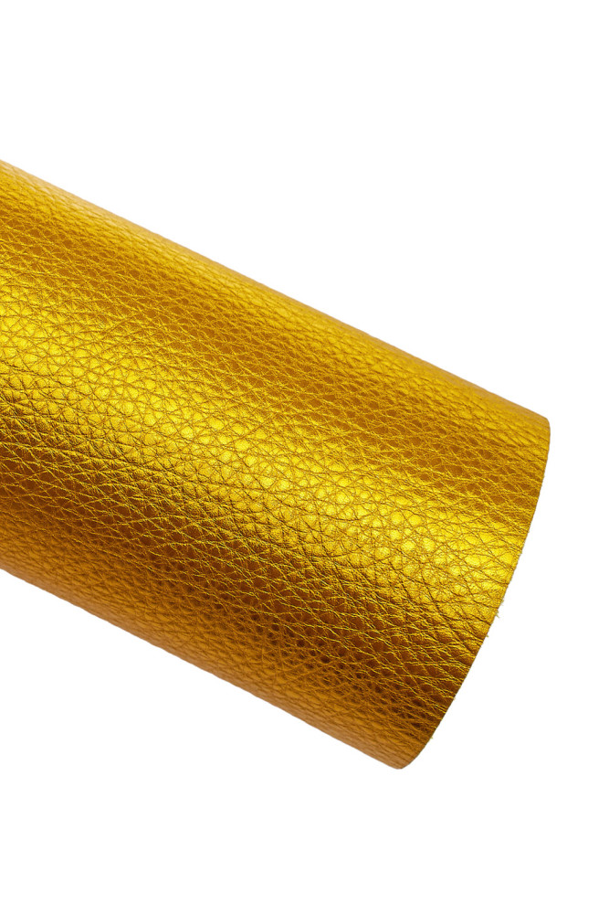 Gold yellow pebble GRAIN printed cowhide, metallic embossed leather skin, soft bright calfskin 1.8 - 2.0 mm