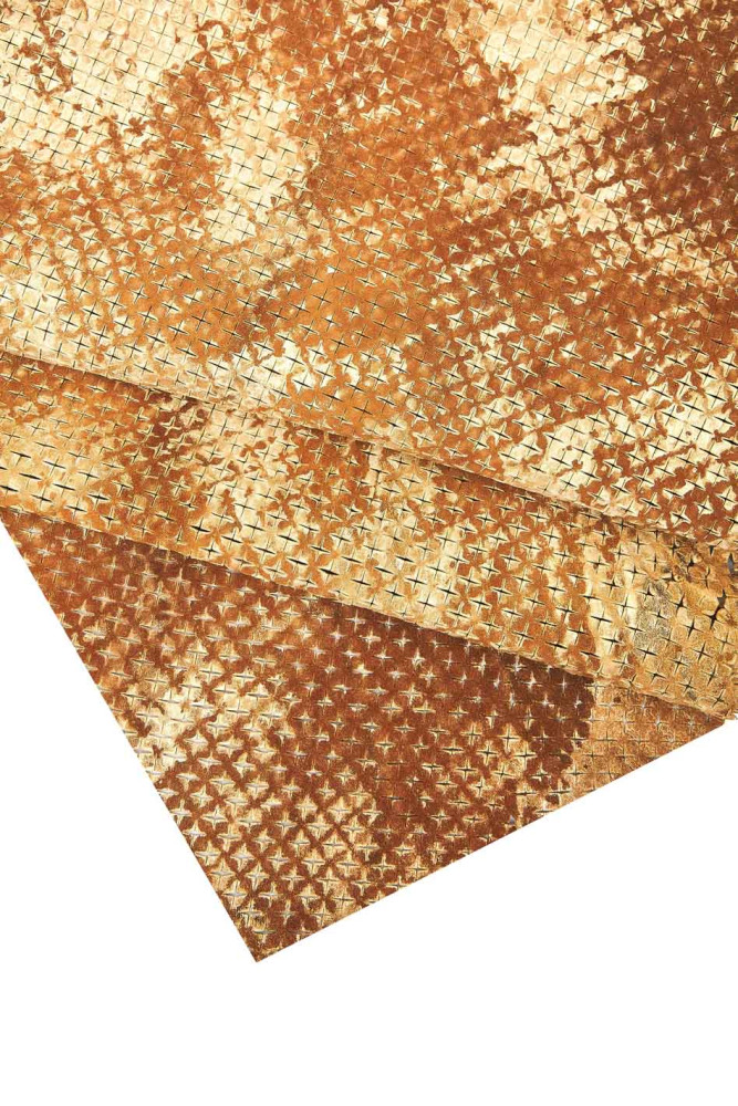 Brown/Gold PERFORATED leather skin, sporty geometrical printed goatskin, soft metallic pierced skin  1.2-1.4 mm