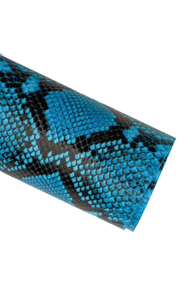 PYTHON textured leather hide, black light blue reptile printed glossy calfskin, snake pattern on cowhide, medium softness