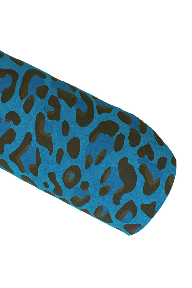 Blue black LEOPARD printed leather skin, animal texture on suede goatskin, spotted soft hide