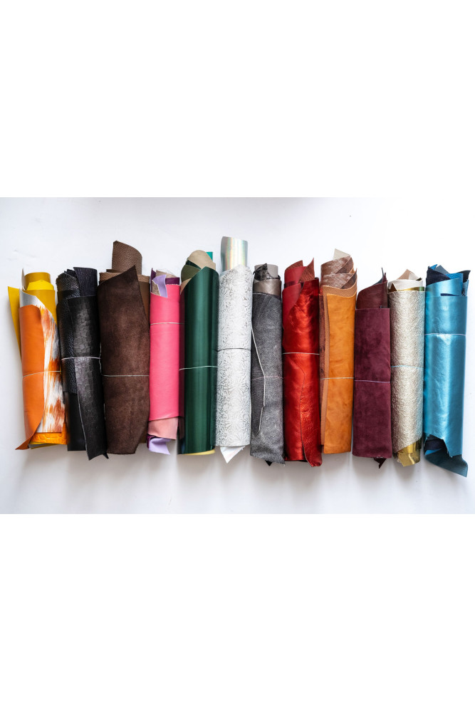 Genuine Leather 30 Scraps Bundle, Assorted 6 Colors Mix, Solid and Printed Pieces, 8x10"-25x20 cm for Crafting, Leatherwork